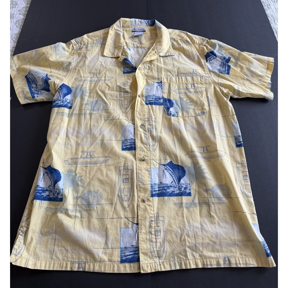 Columbia Mens SS 100% Cotton Button Front Yellow Fish Print‎ Shirt Sz 2XL Marlin